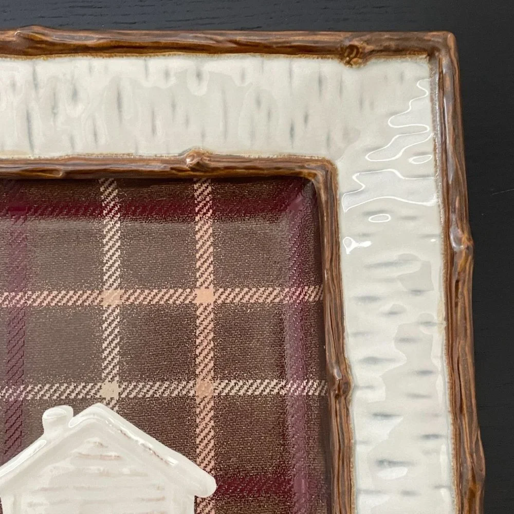 Homestudio Lake Cabin Dinner Plate Square Plaid Rustic‎ Embossed Stoneware 11